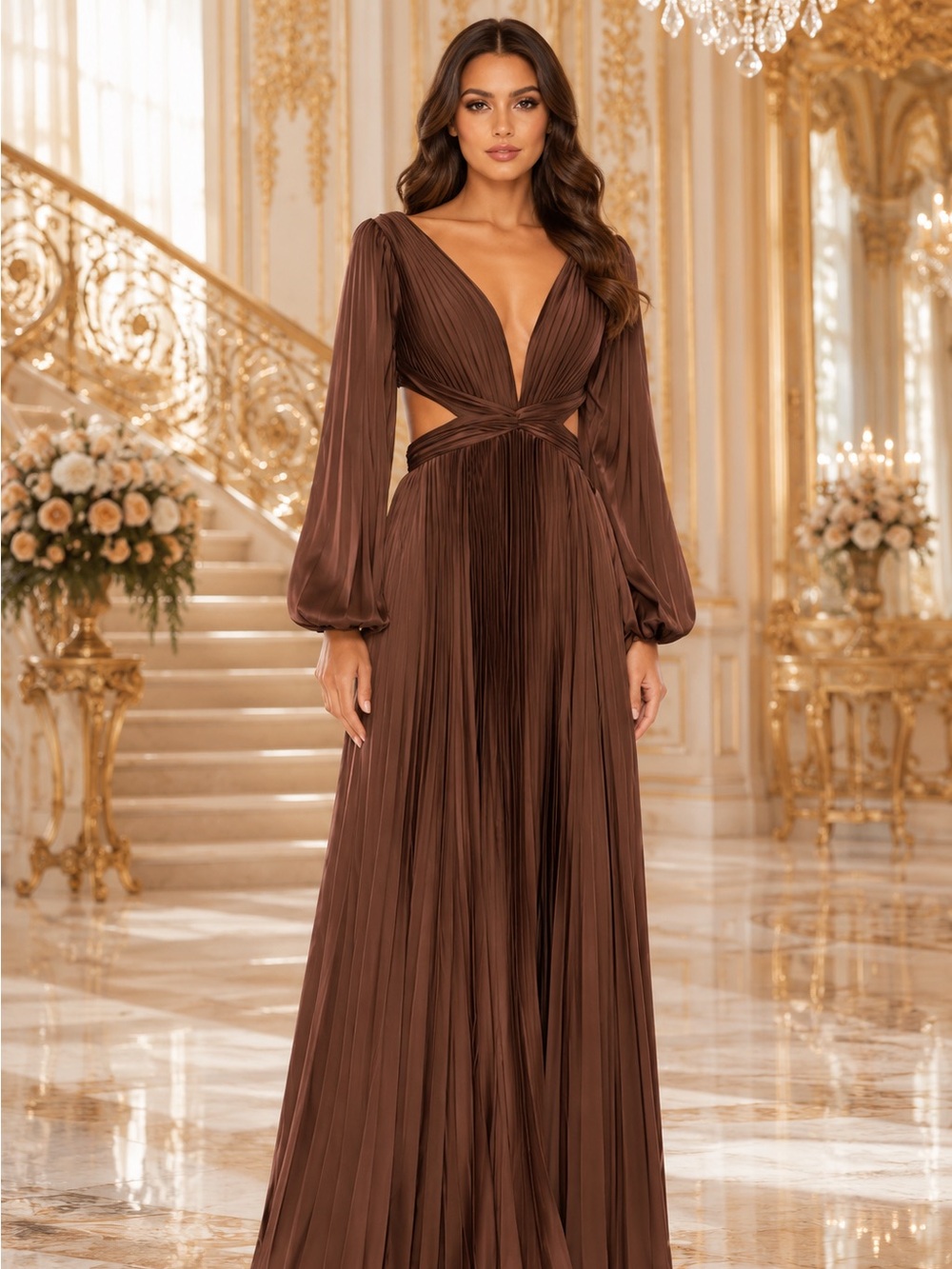 IEENA Mac Duggal 26737 Espresso Brown Pleated Cut Out Gown NWT Sz 8
